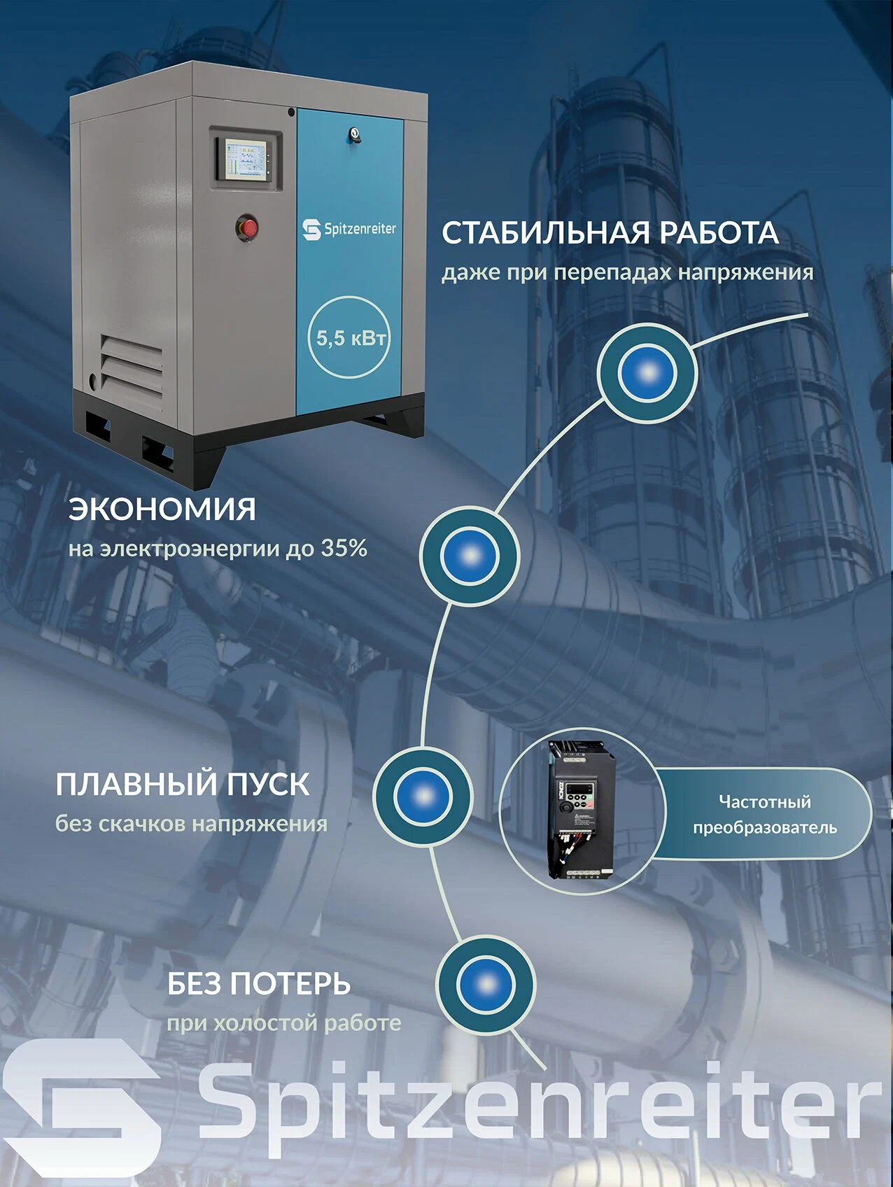 Компрессор винтовой Spitzenreiter S-10DF с частотным преобразователем 10 бар - фото