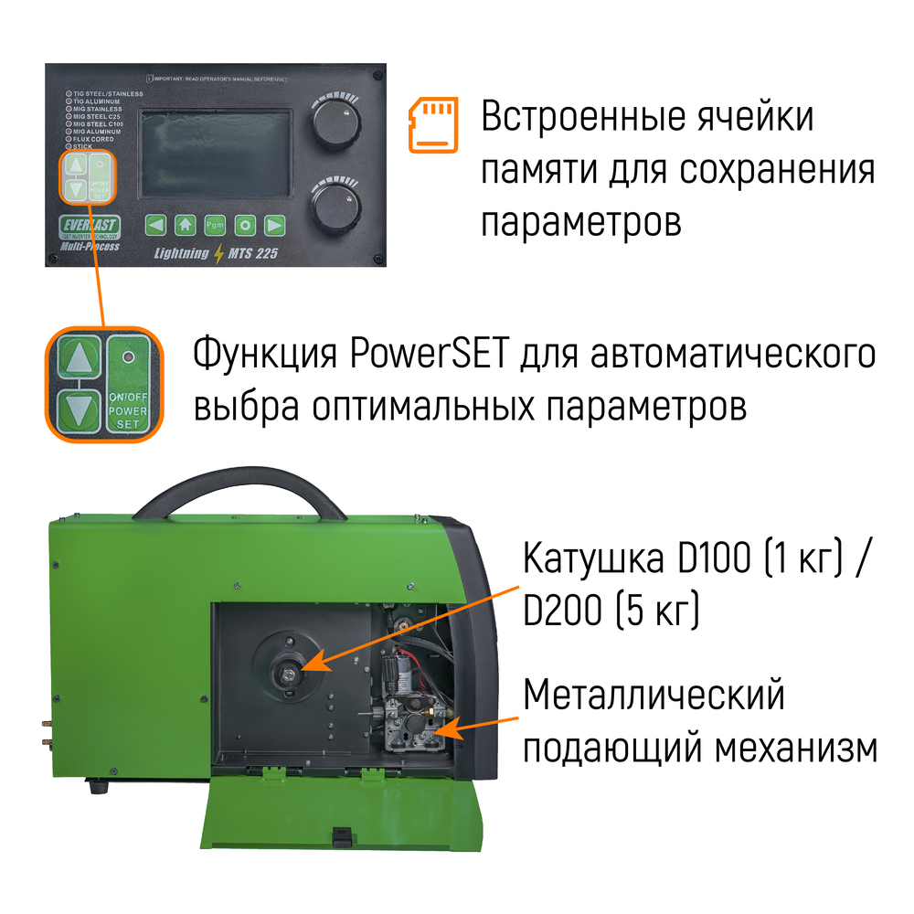 Сварочный полуавтомат Everlast Lightning MTS 225 (MIG/TIG/STICK) 2EV225MTS - фото